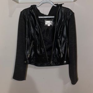 Faux black leather hoodie jacket